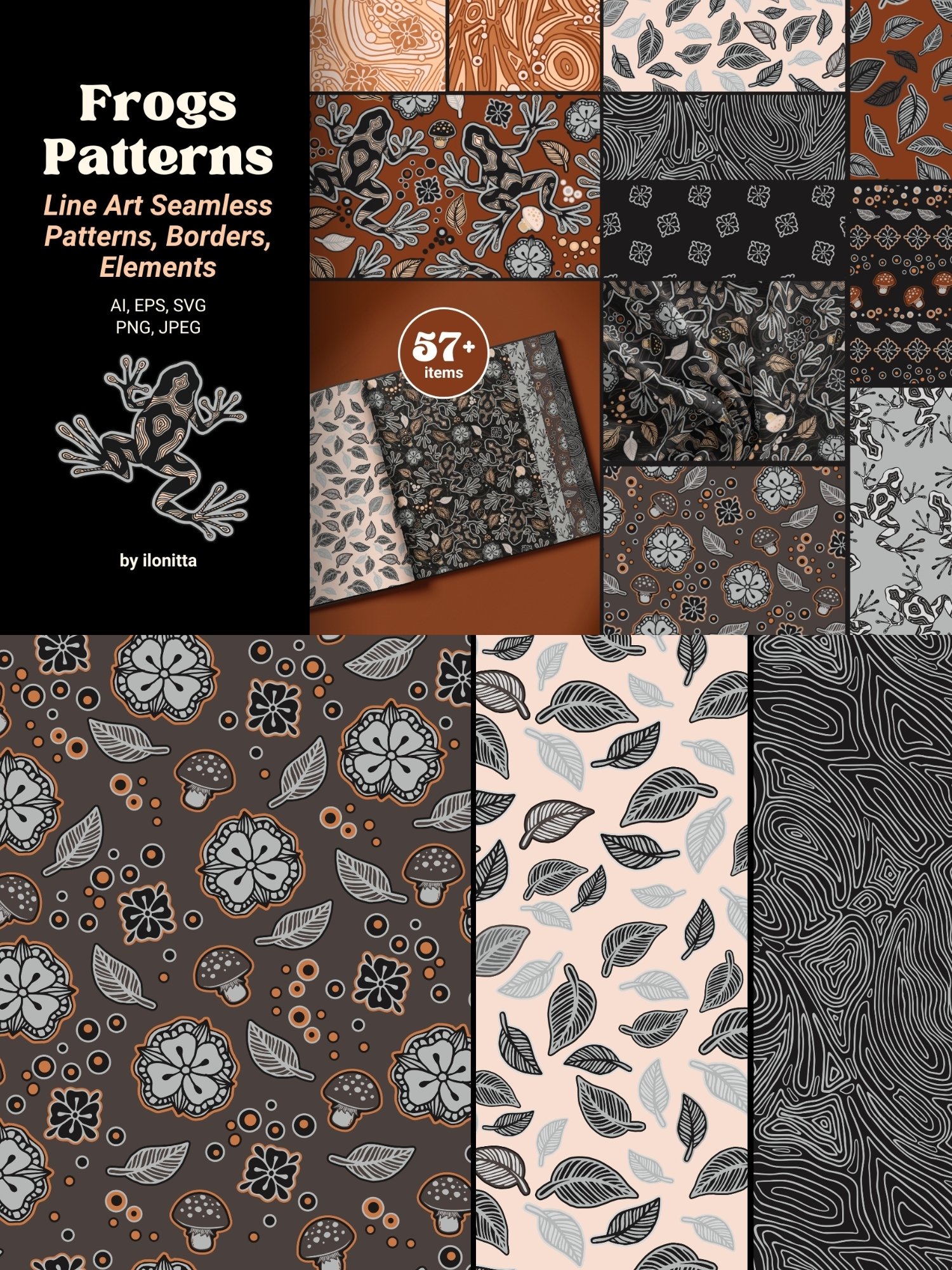 Brown Line Art Frogs Seamless Patterns, Borders, Clipart