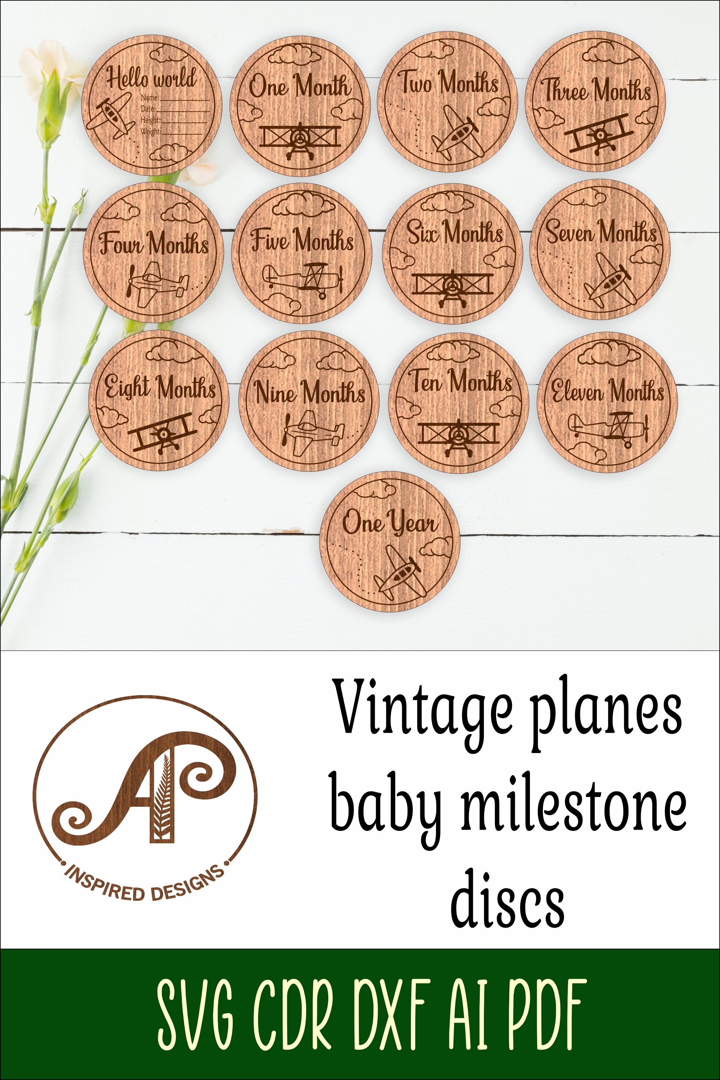 Vintage Plane themed Baby monthly milestone discs SVG laser