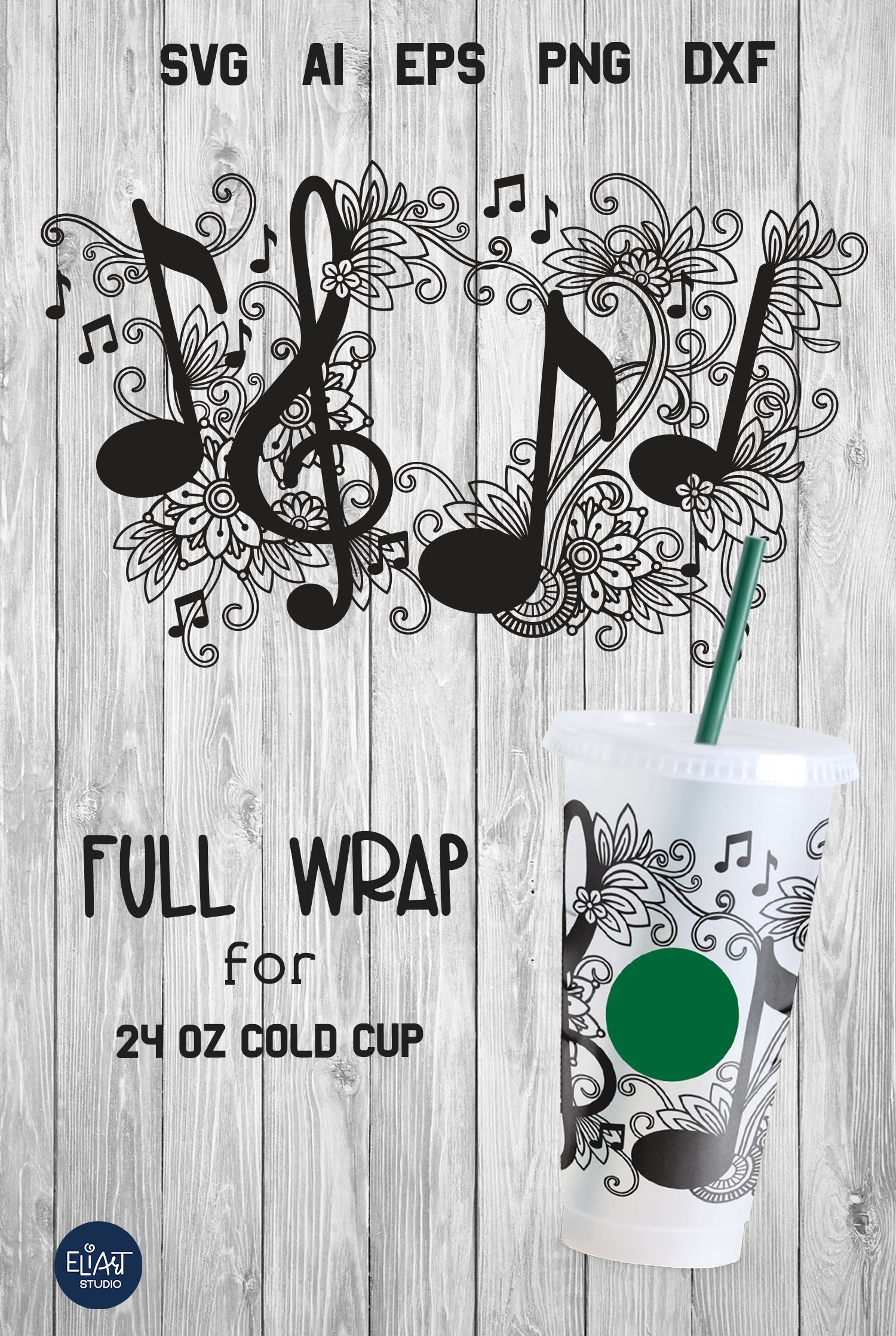 Musical Cold Cup Wrap SVG 24 OZ Cup Notes and Treble Clef