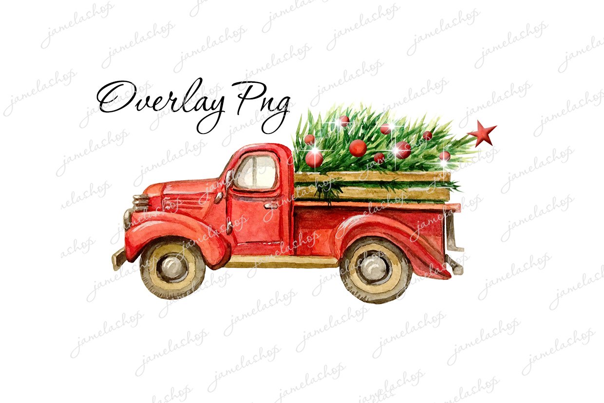 Red Christmas truck & christmas tree png Green pine clipart red-christmas-truck-christmas-tree-png-green-pine-clipart