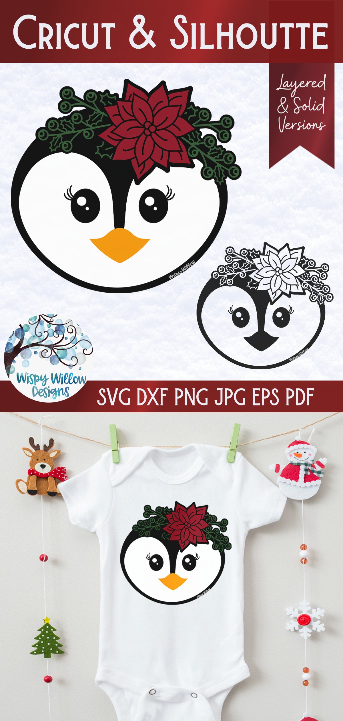 Christmas Penguin with Flowers SVG Cut File