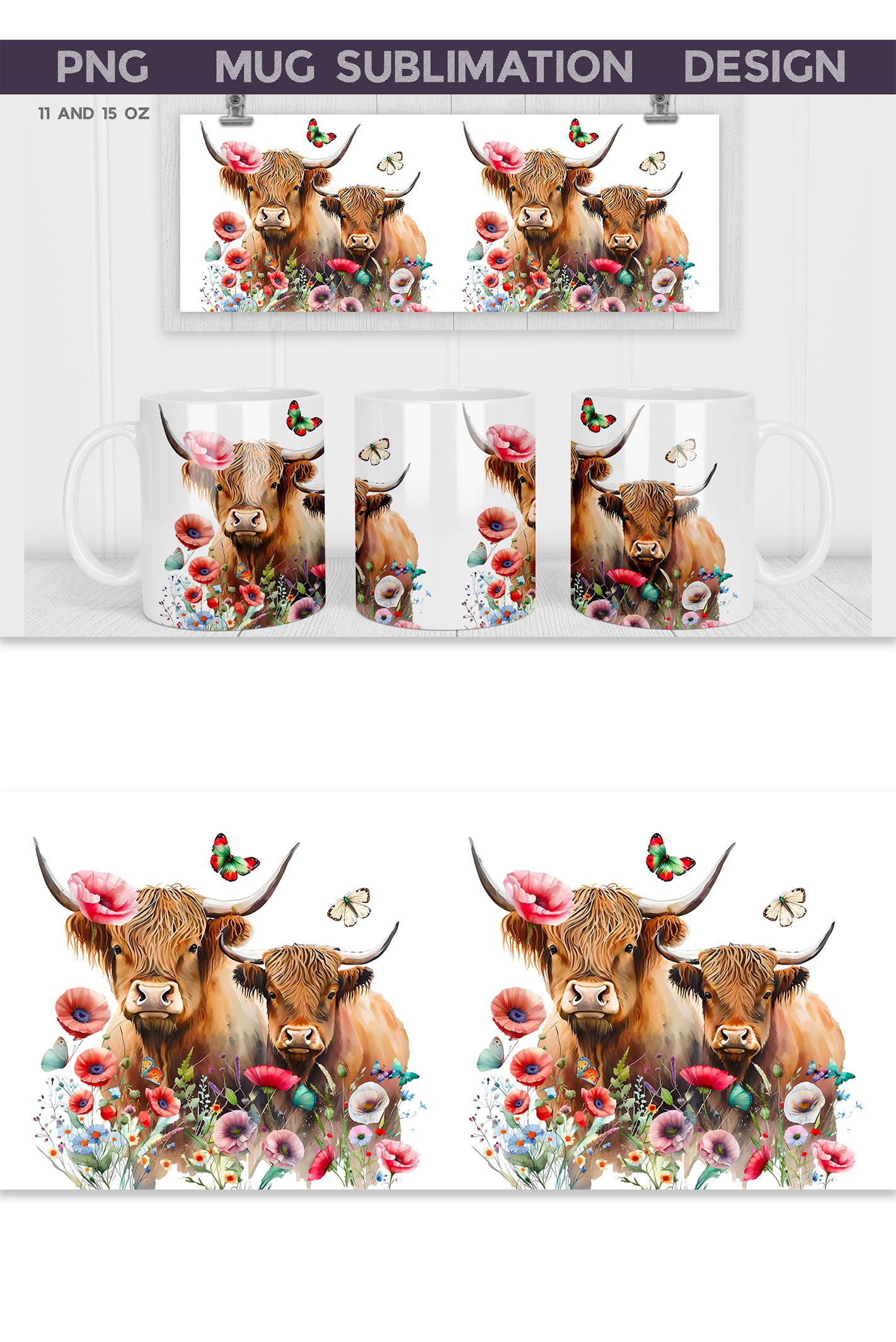 Highland Cow Mug Wrap | Cow Floral Mug