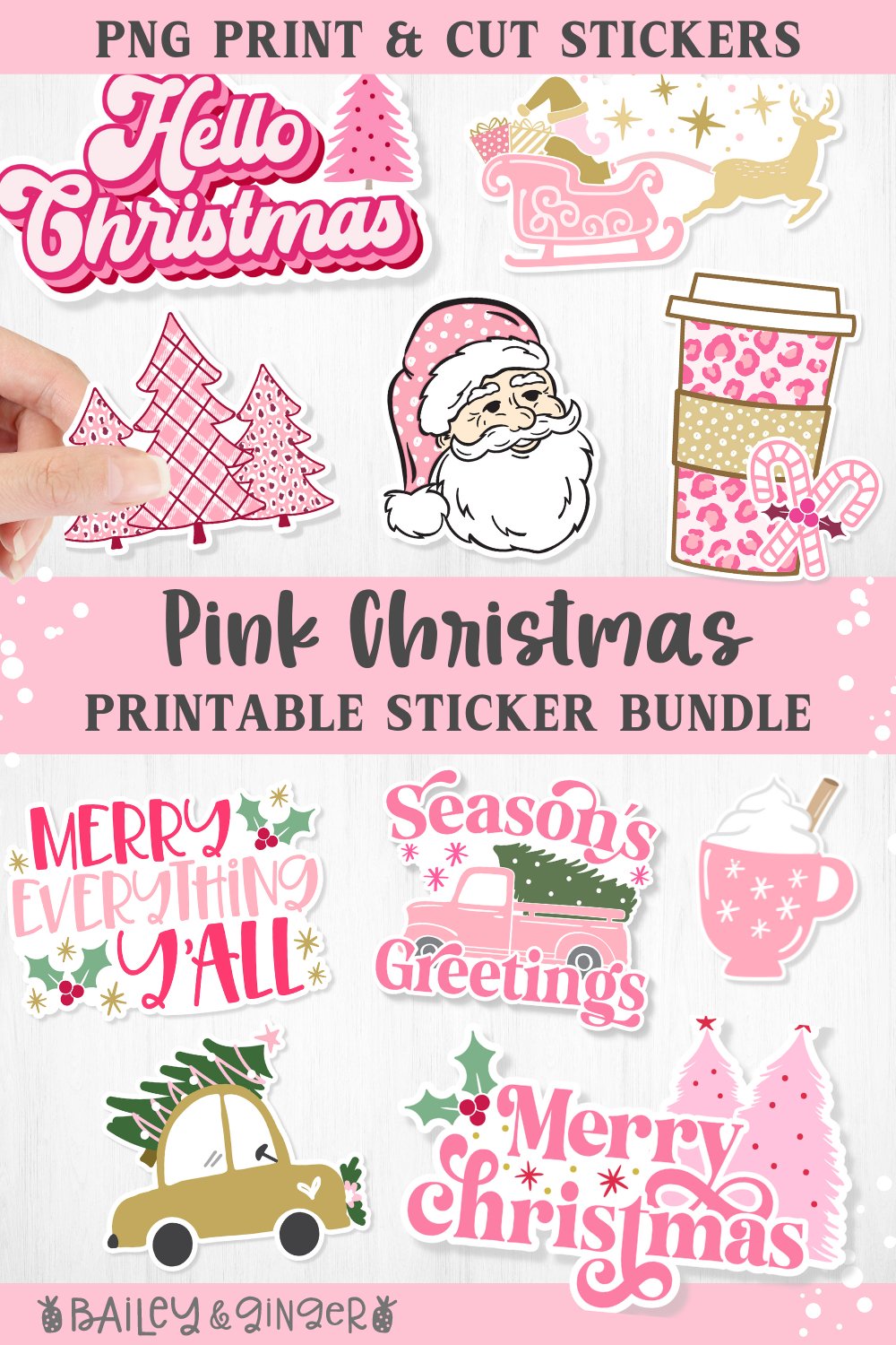 Printable Pink Christmas Print and Cut Stickers - PNG Files