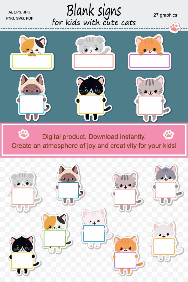 Cute kawaii cats with blank signs