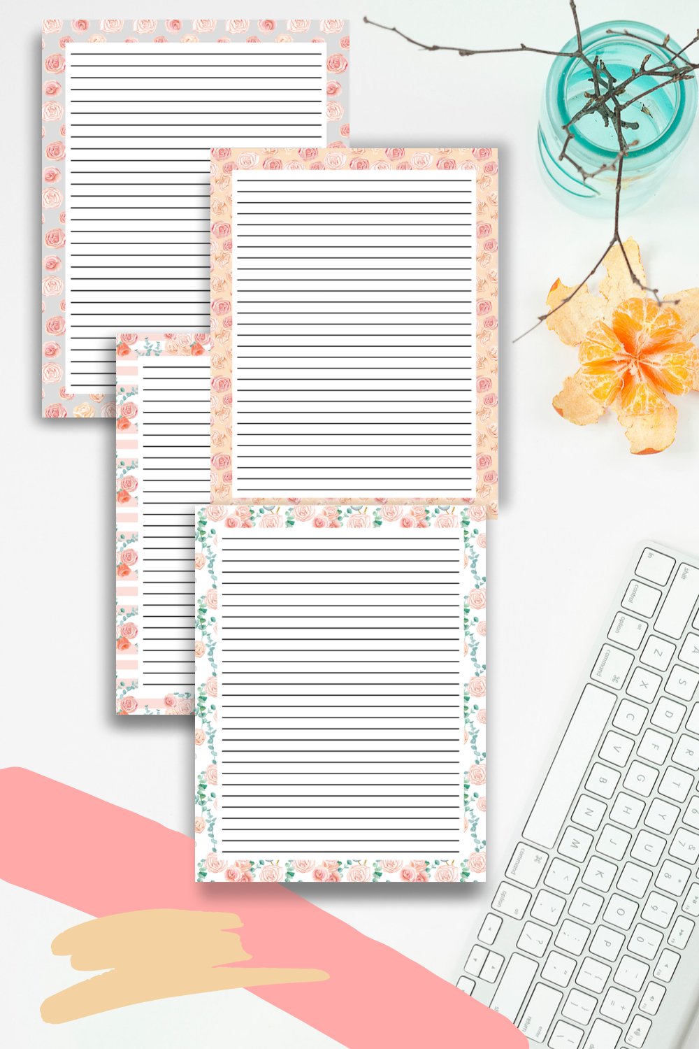 Romantic Roses Printable Lined Stationary, Letter / A5 / A4
