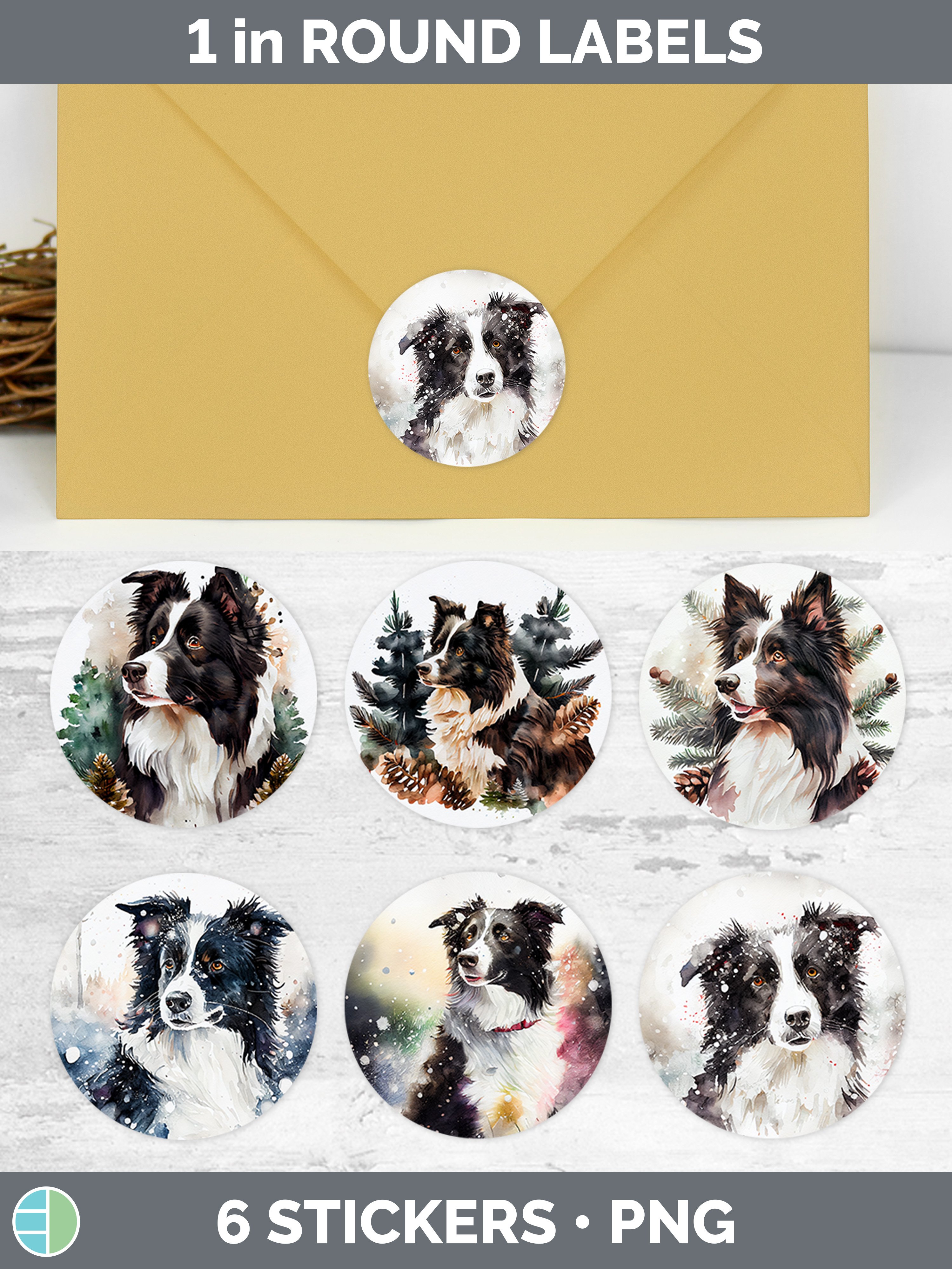 Snowy Border Collie Stickers | Sticker 1in Round Labels PNG