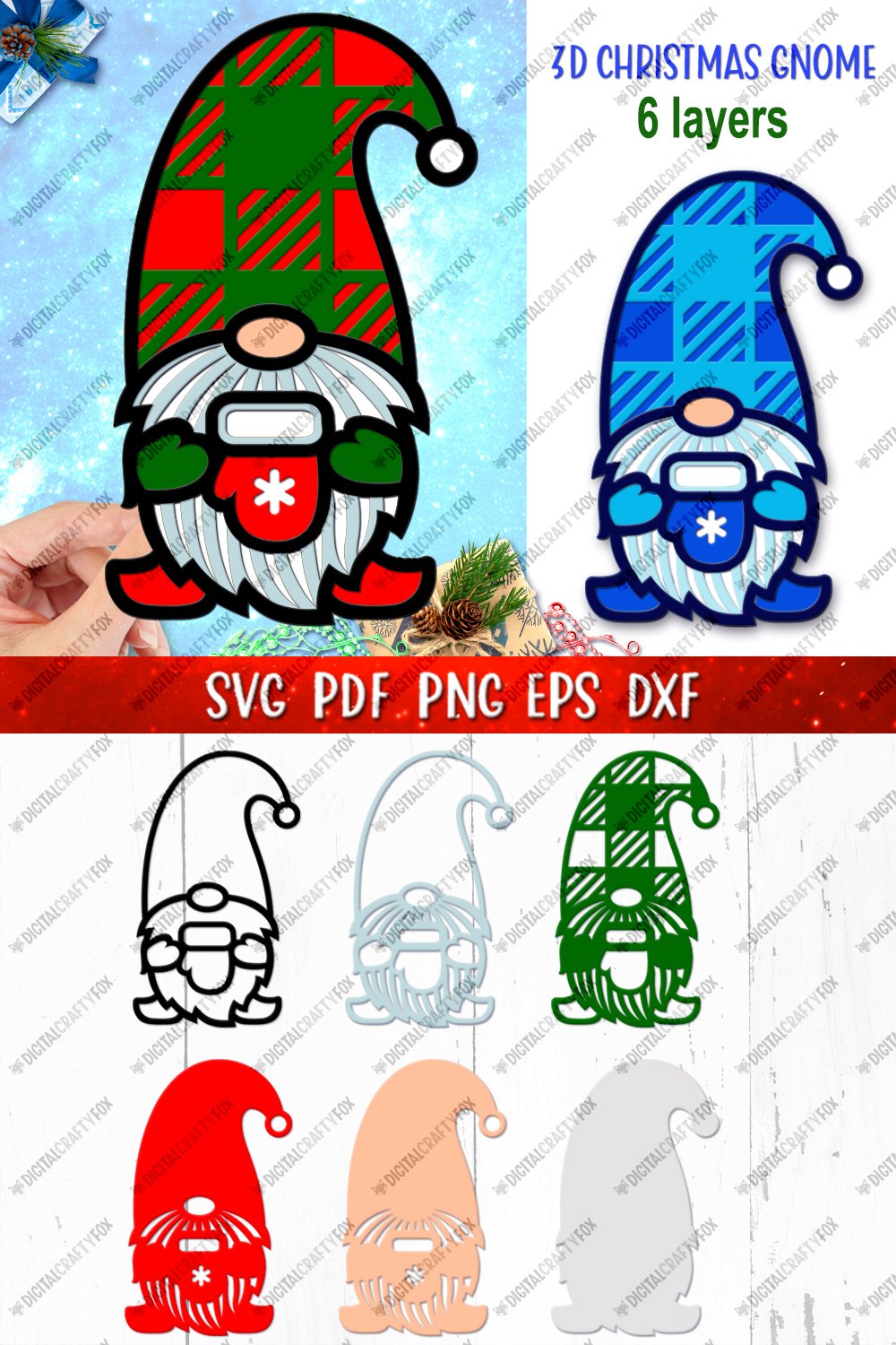 3D Christmas Gnome Paper Cut SVG, Gnome with Santa Mitten