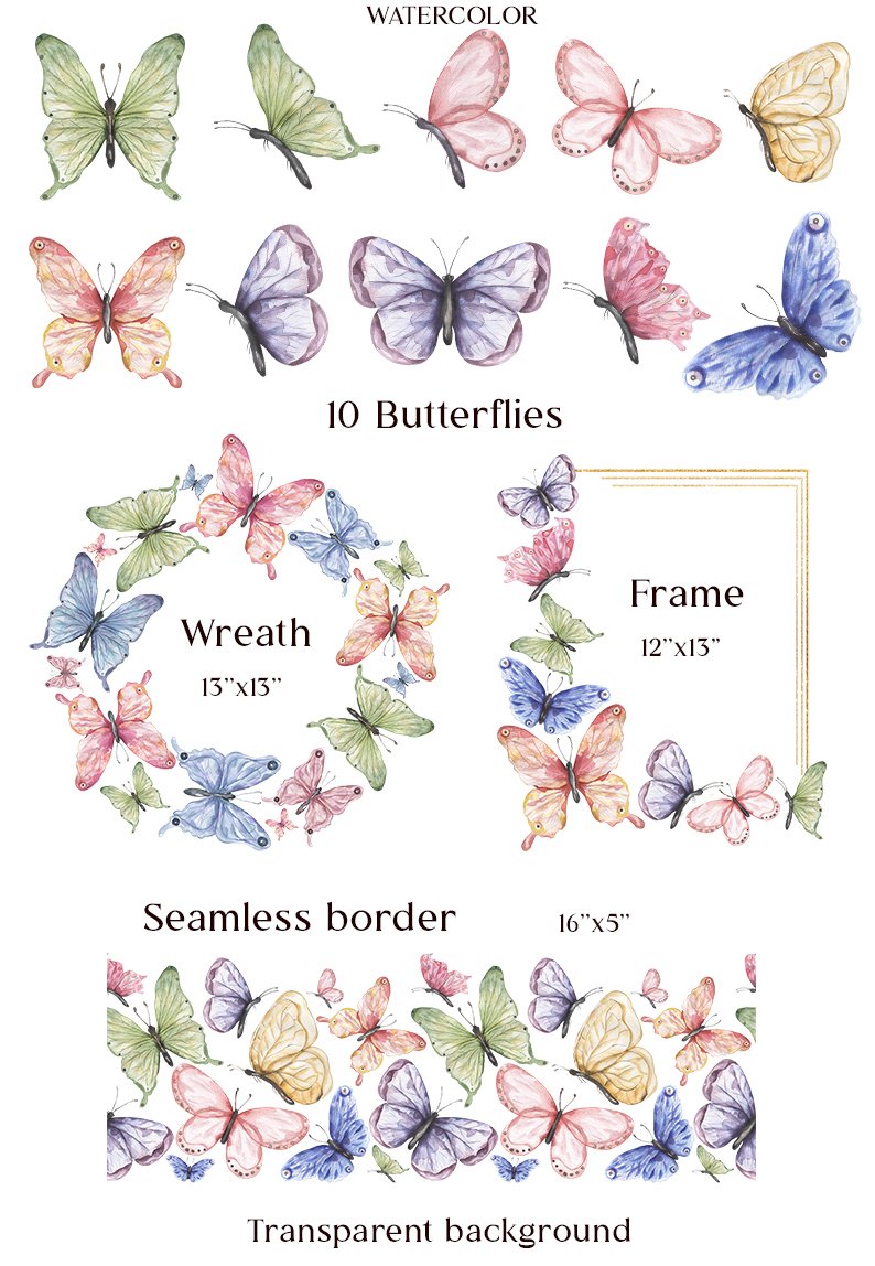 Watercolor Butterfly Clipart, Wreath, Frame, Border Set