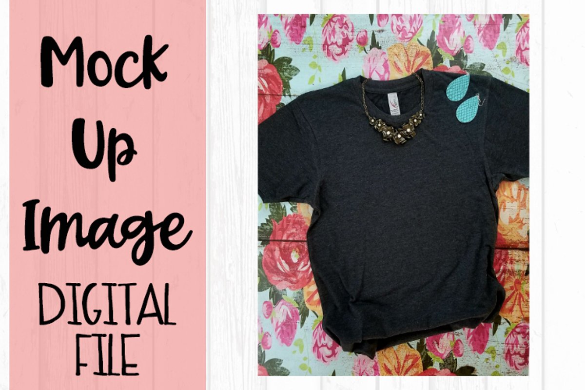 Charcoal Tee on Floral Background V2 Mock Up example image 1