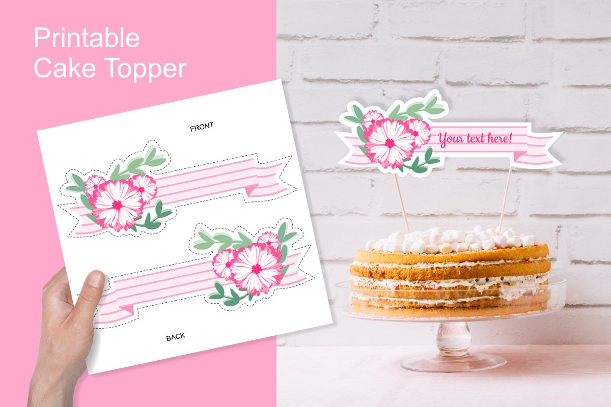 Printable Pink Baby Shower Flower Ribbon Banner Cake Topper example image 1
