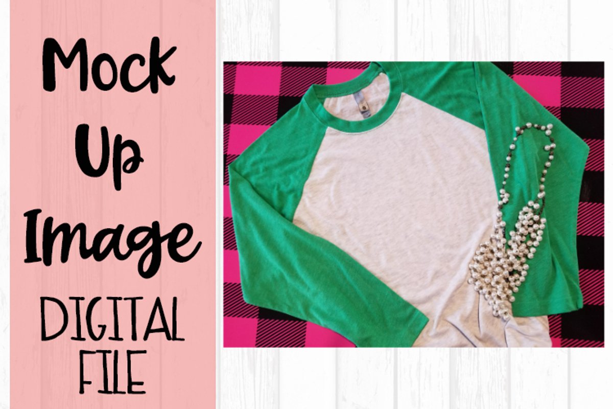 Green Raglan on Pink Buffalo Plaid Mock Up example image 1