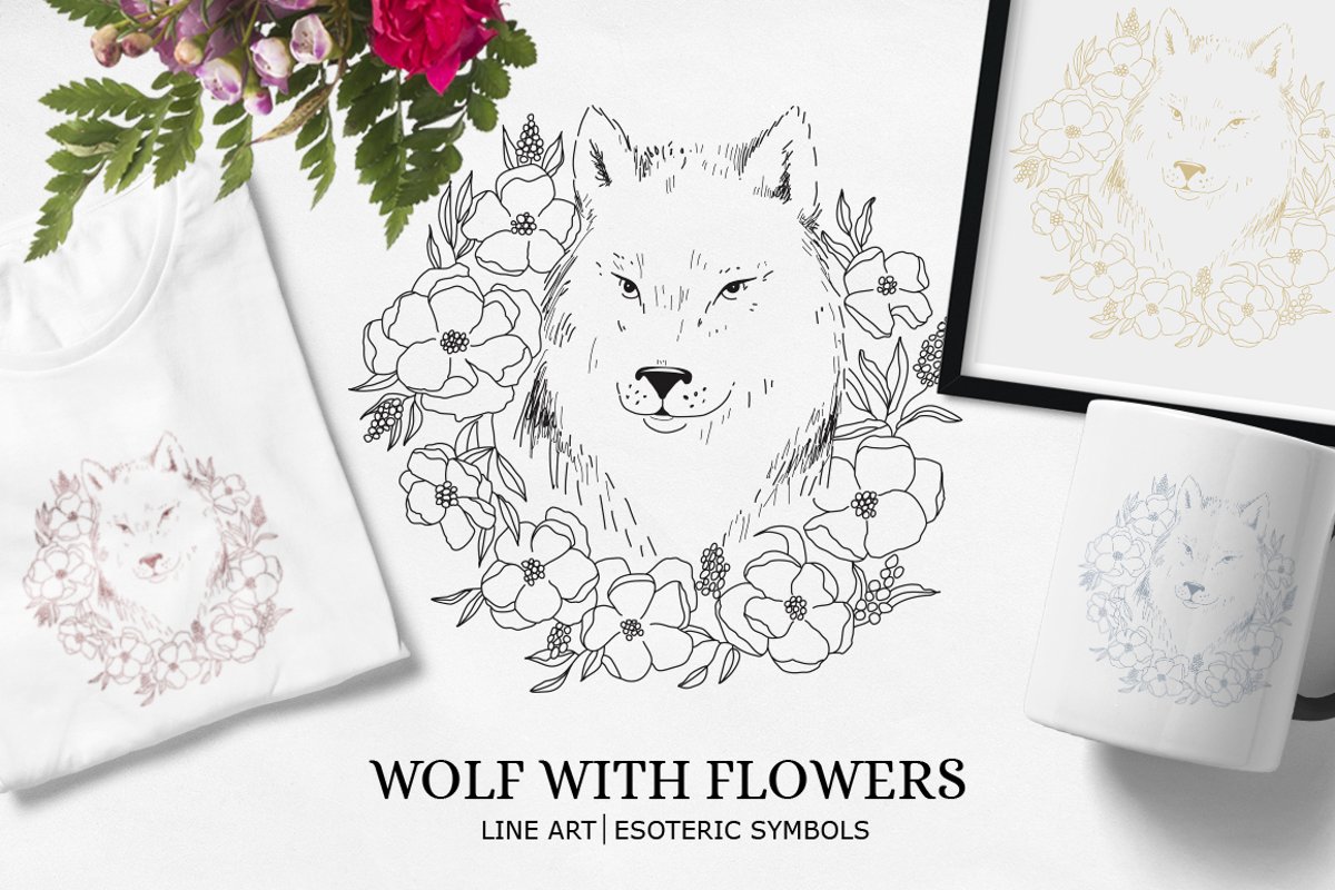 Wolf SVG / Wolf illustration / Wolf with flowers example image 1