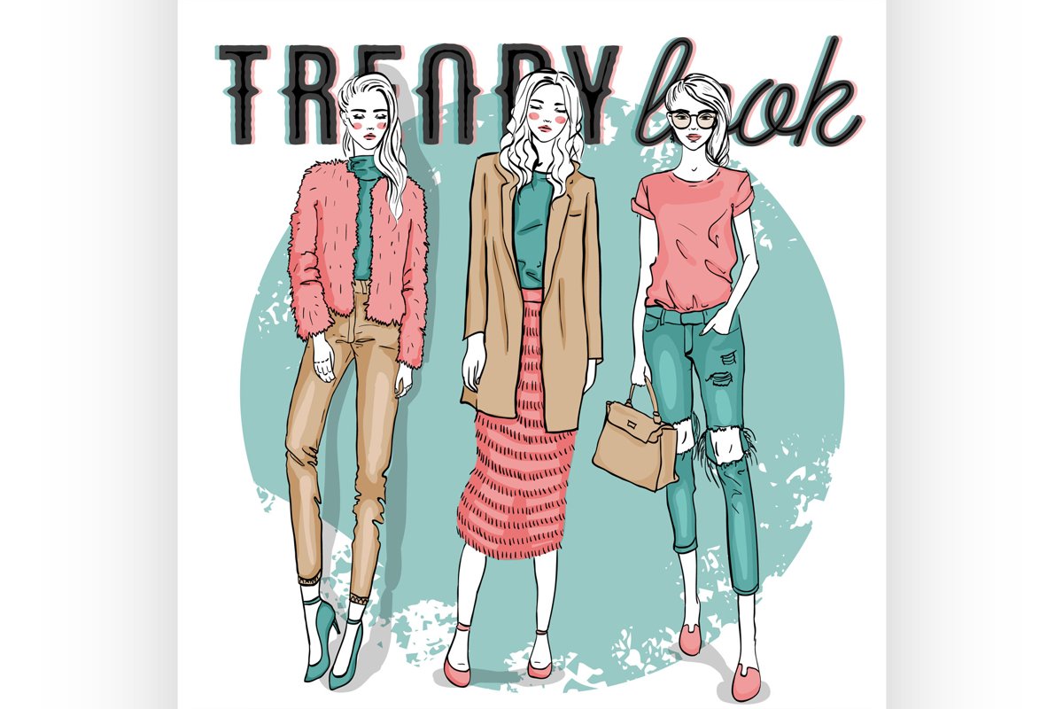 Set with color scetch of trendy girls example image 1