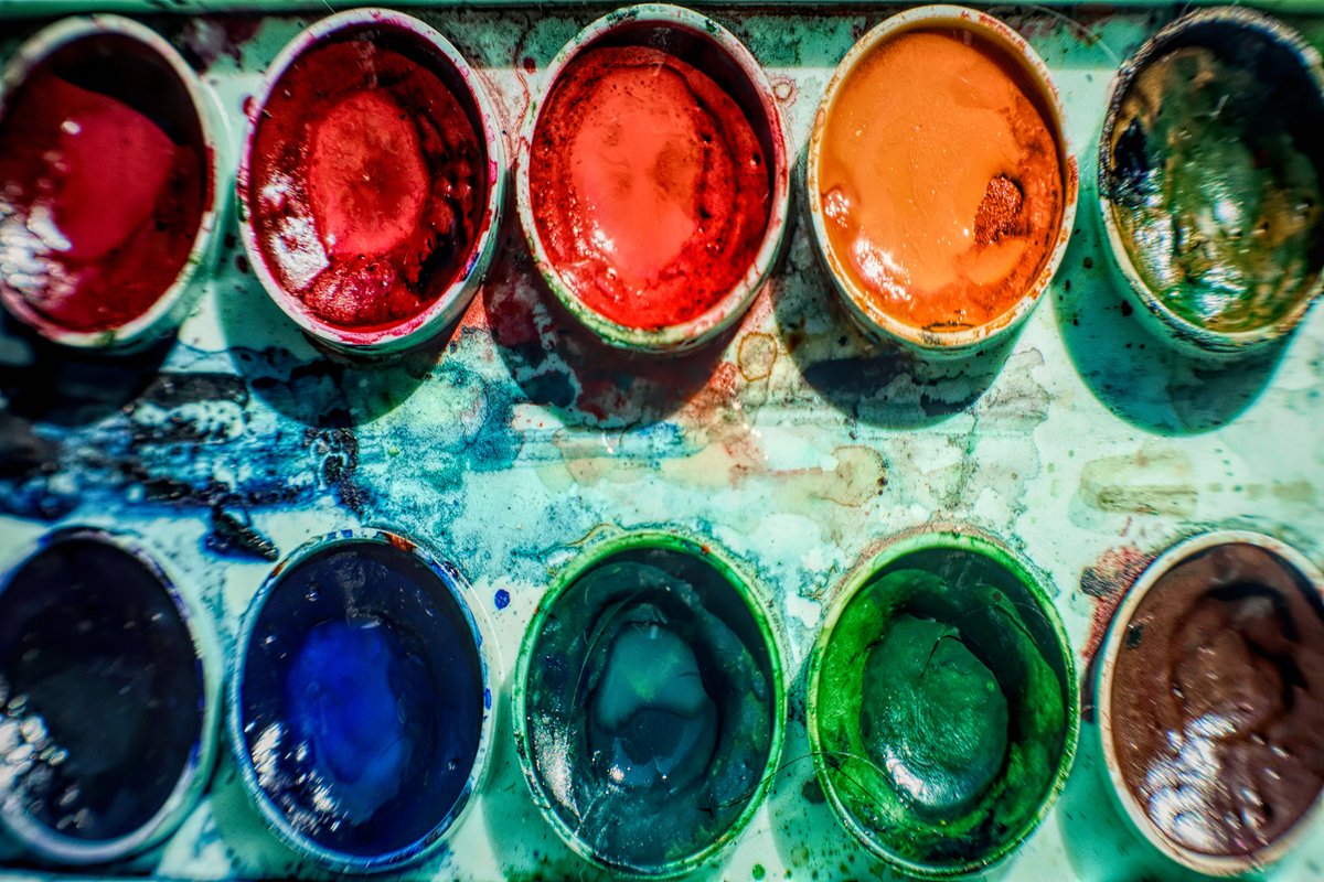 Sheet of paper and old watercolor paints example image 1