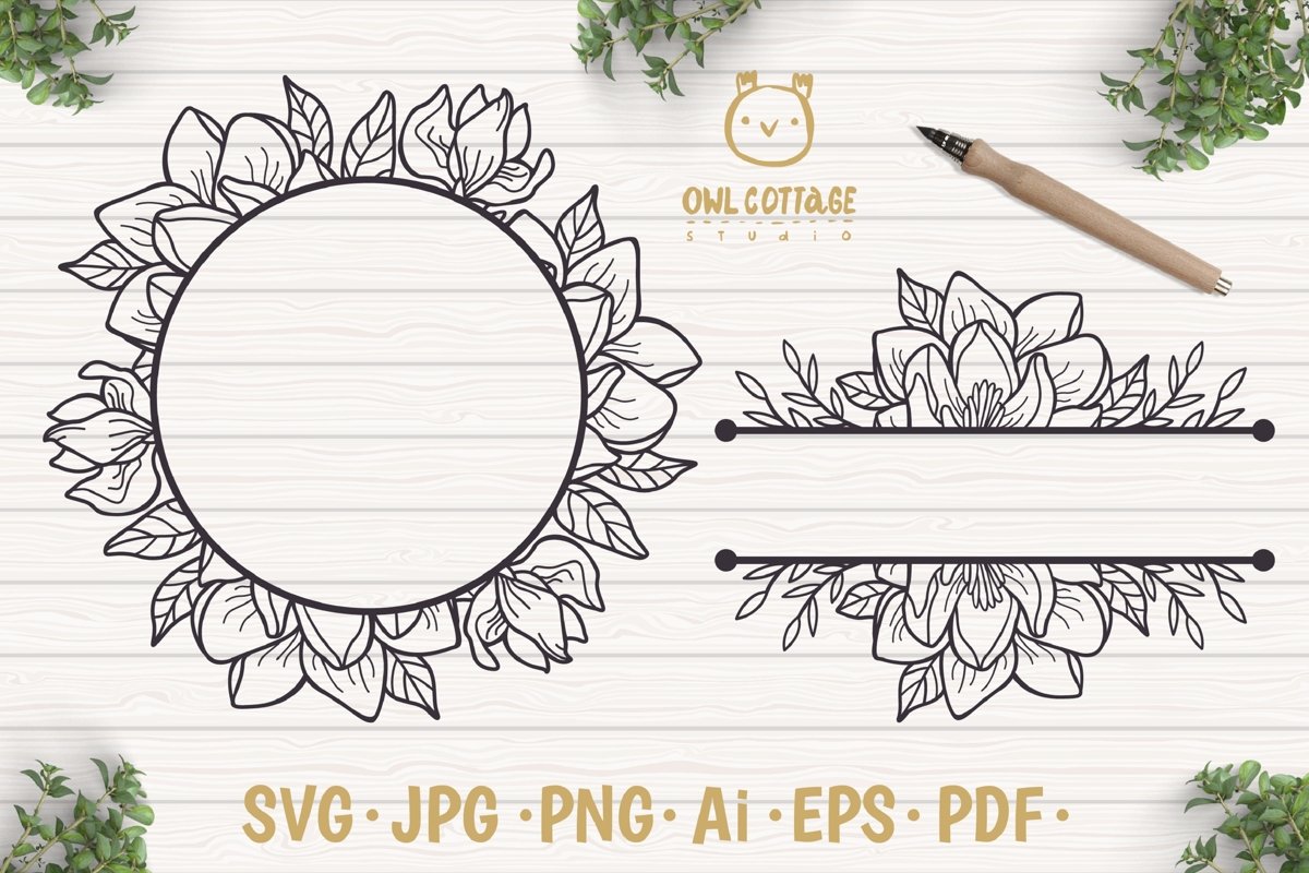 Magnolia Wreath SVG, Split Border Monogram, Wedding Flowers example image 1