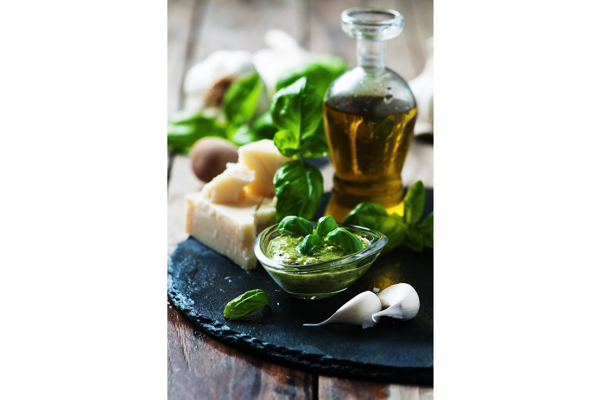 talian traditional pesto with basil, cheese and oil example image 1