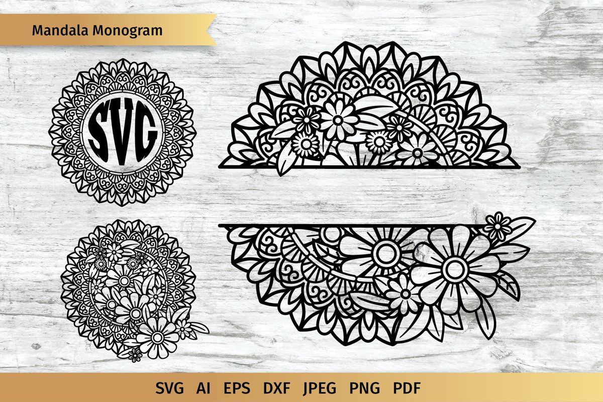 Split Mandala| Floral Mandala| Circle Monogram| Cut File example image 1