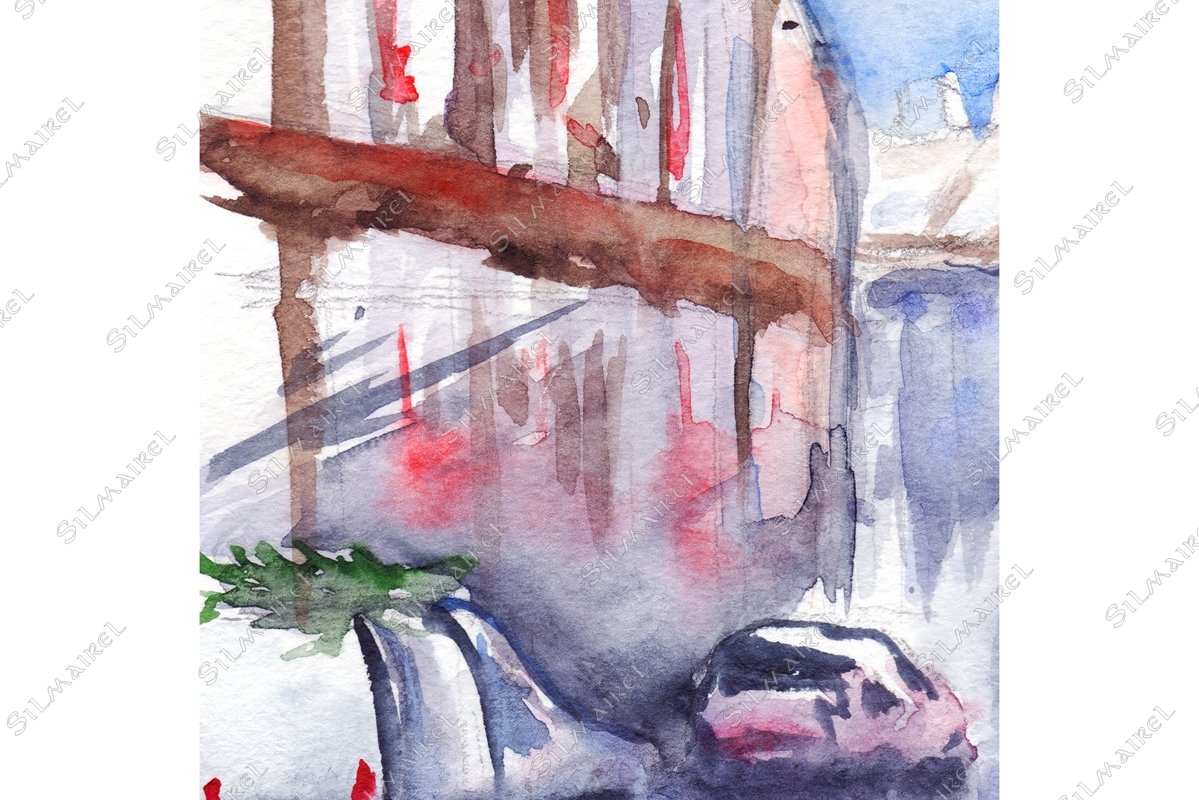 Watercolor rainy street car road outdoor landscape example image 1