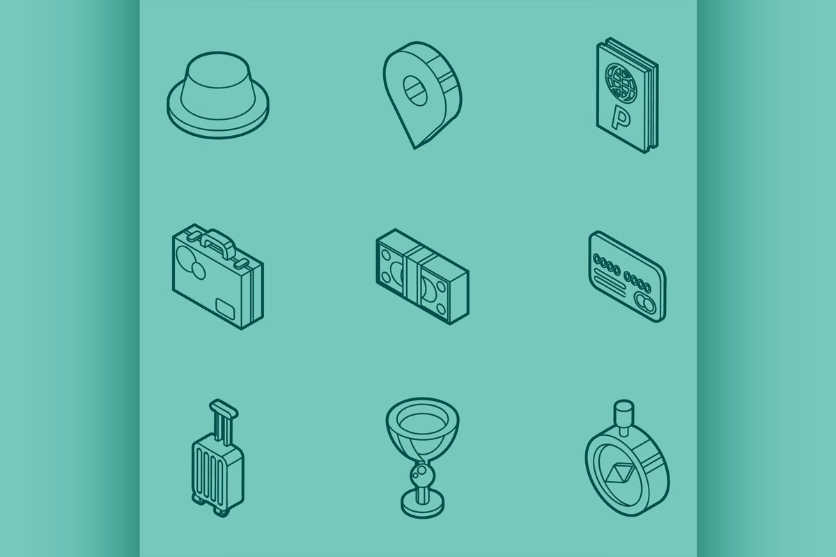 Traveling color outline isometric icons example image 1