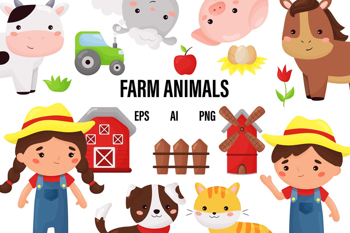 Vector cute Kawaii Farm animals and farmers clipart example image 1