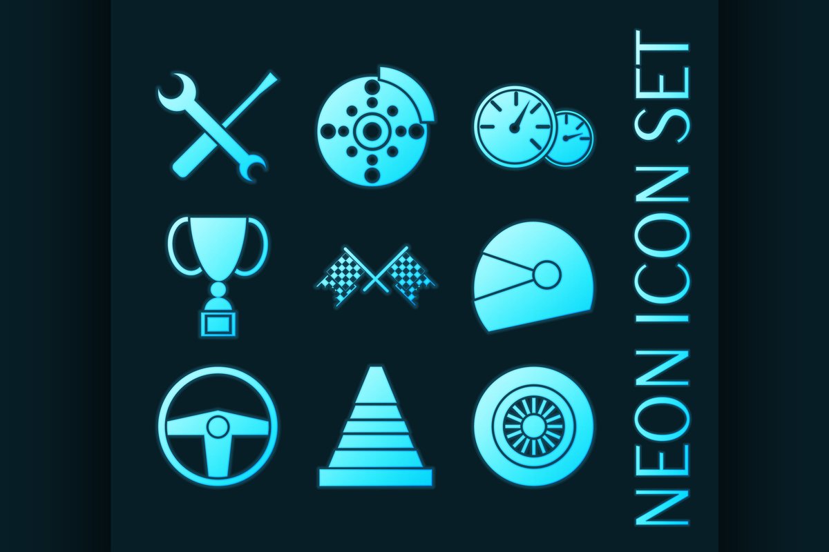 Set of Car racing glowing neon icons. example image 1