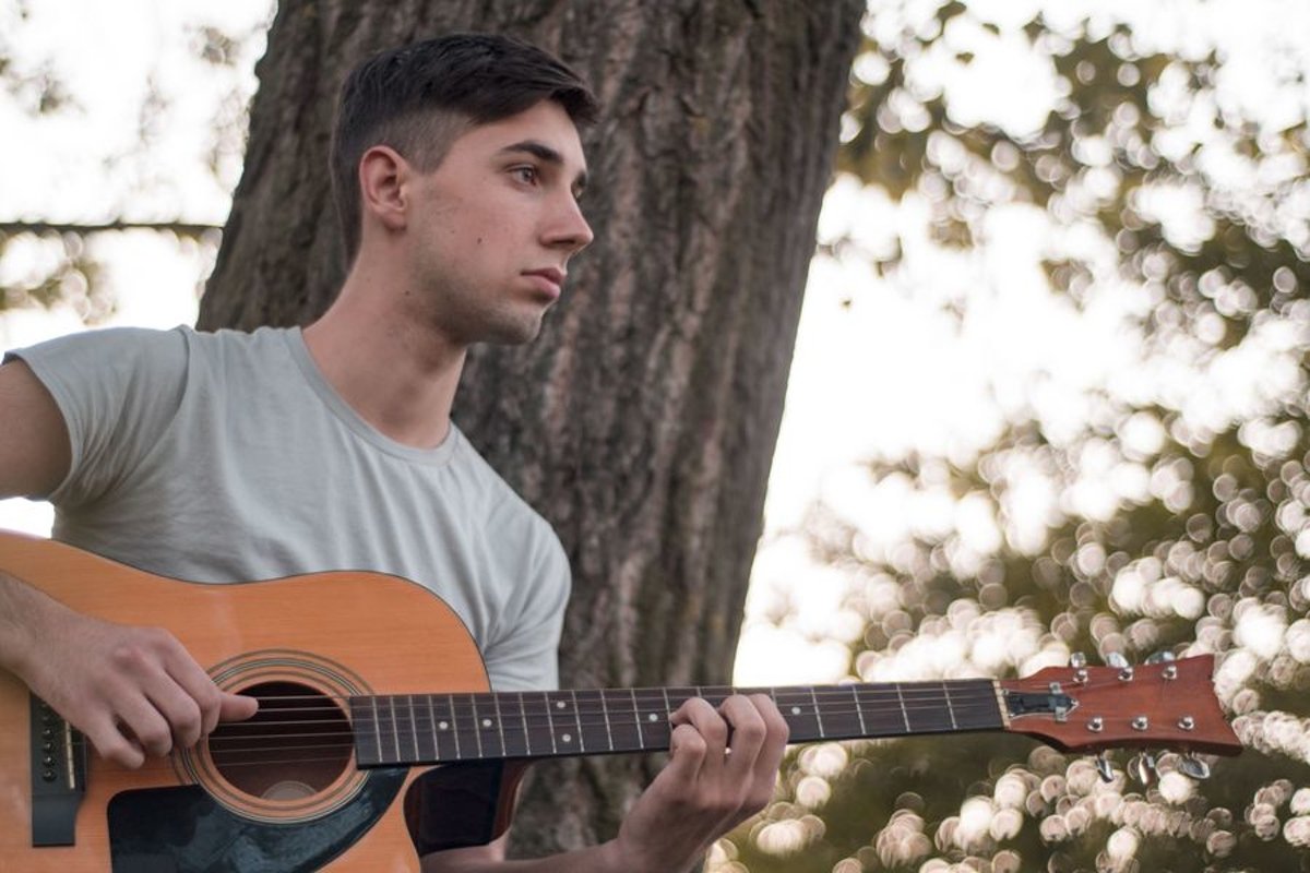 Man plays on acoustic guitar in park example image 1