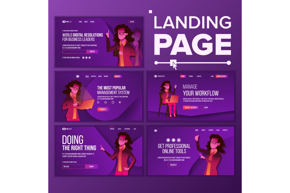 Landing Page Set Vector. Woman. Workflow Management. example image 1
