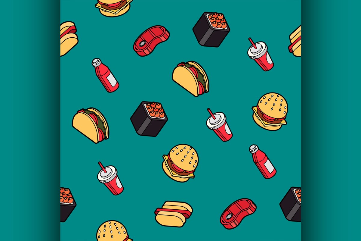 Fast food outline color isometric pattern example image 1
