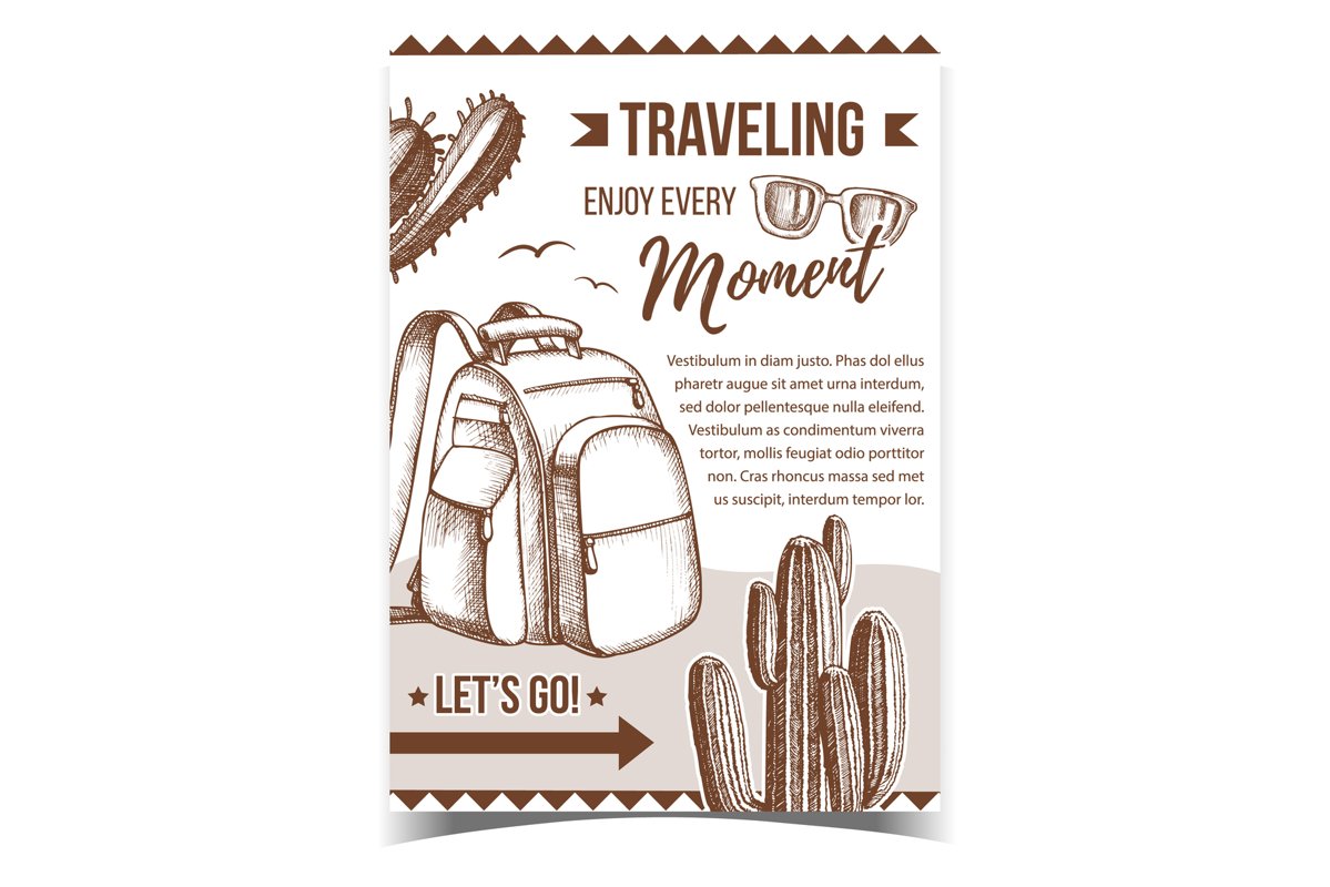 Traveling Backpack On Desert Sand Banner Vector example image 1