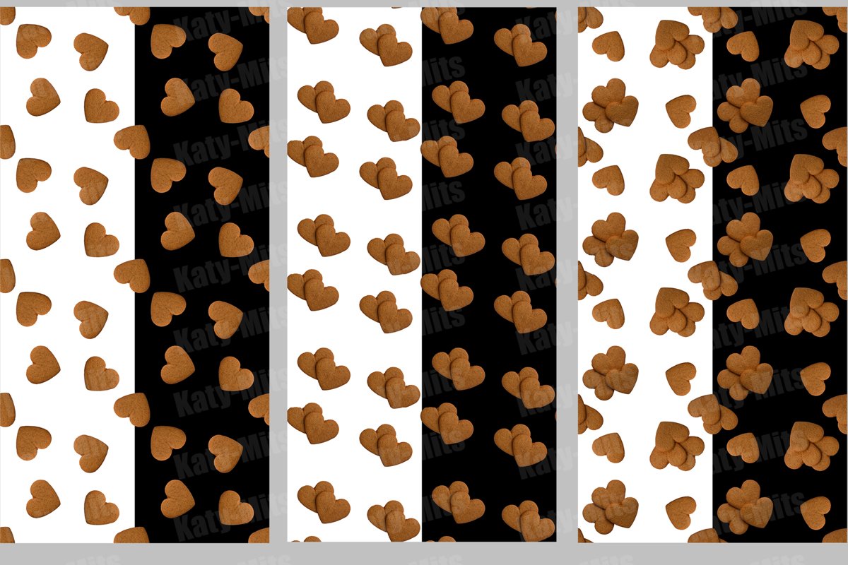3 Black and white seamless patterns of heart shaped cookies example image 1