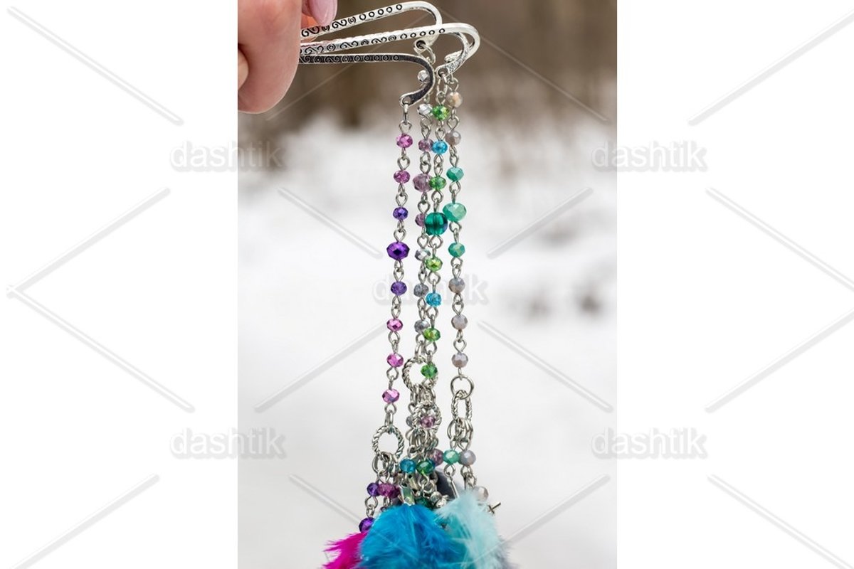Dream catcher with feathers threads and beads rope hanging example image 1