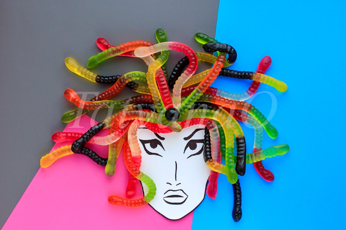 Jelly snakes candies lying like a Gorgon's Medusa hair example image 1