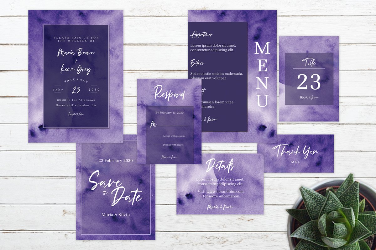 Abstract Deep Purple Watercolor Wedding Invitation Set example image 1