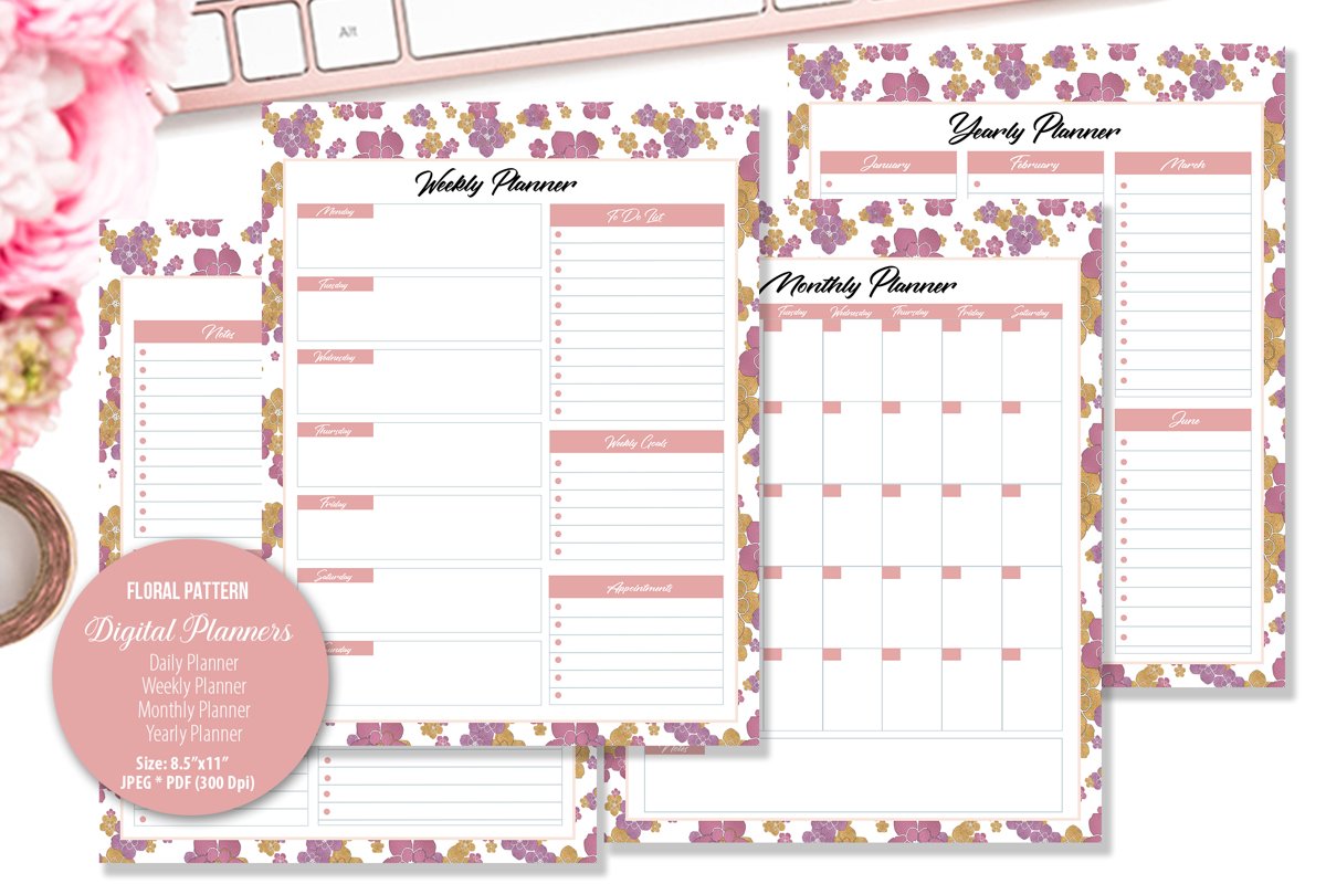 Rose Floral Pattern Digital Planner example image 1