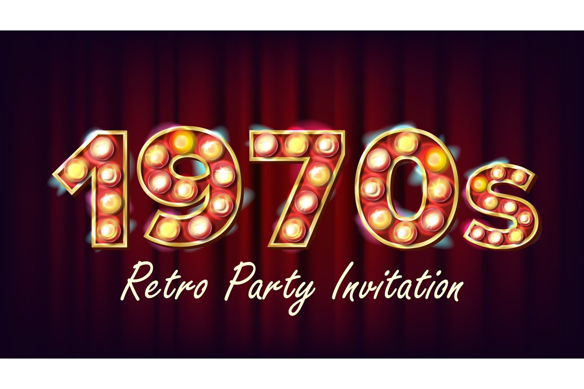 1970s Retro Party Invitation Vector. 1970 Style. Lamp Bulb. example image 1