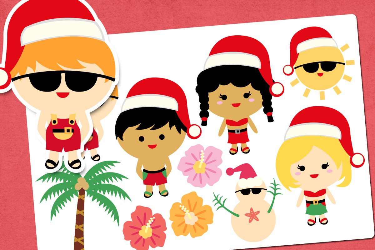 Christmas Beach Party Illustrations Clip Art example image 1