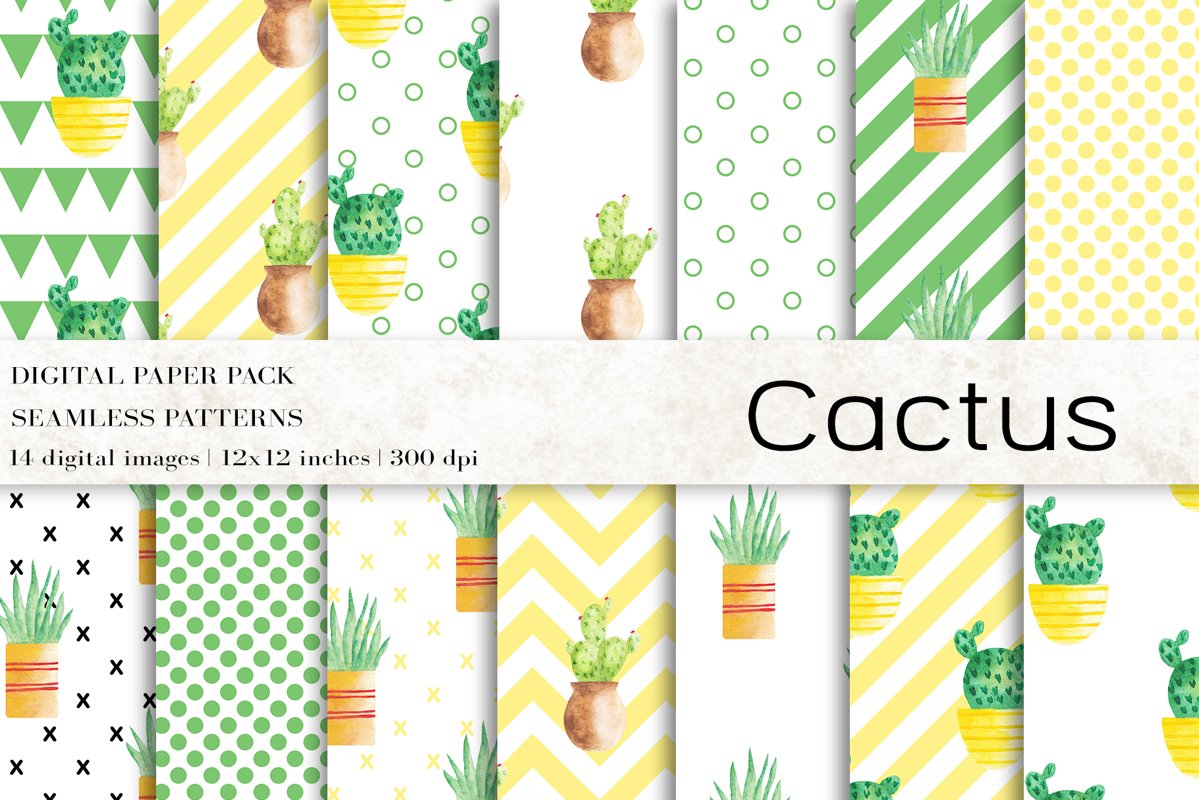 Watercolor Cactus Digital Papers example image 1