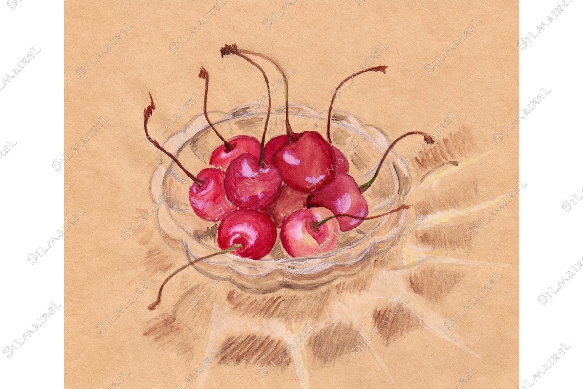 Watercolor cherry in crystal ware craft sketch example image 1