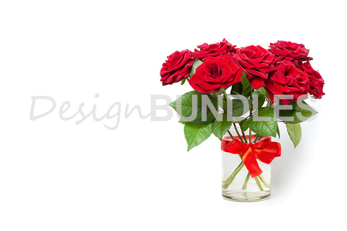 Bouquet of red roses in a glass vase on a white background. example image 1