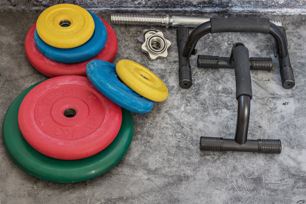 Professional dumbbells and multi-colored weight plates on a example image 1