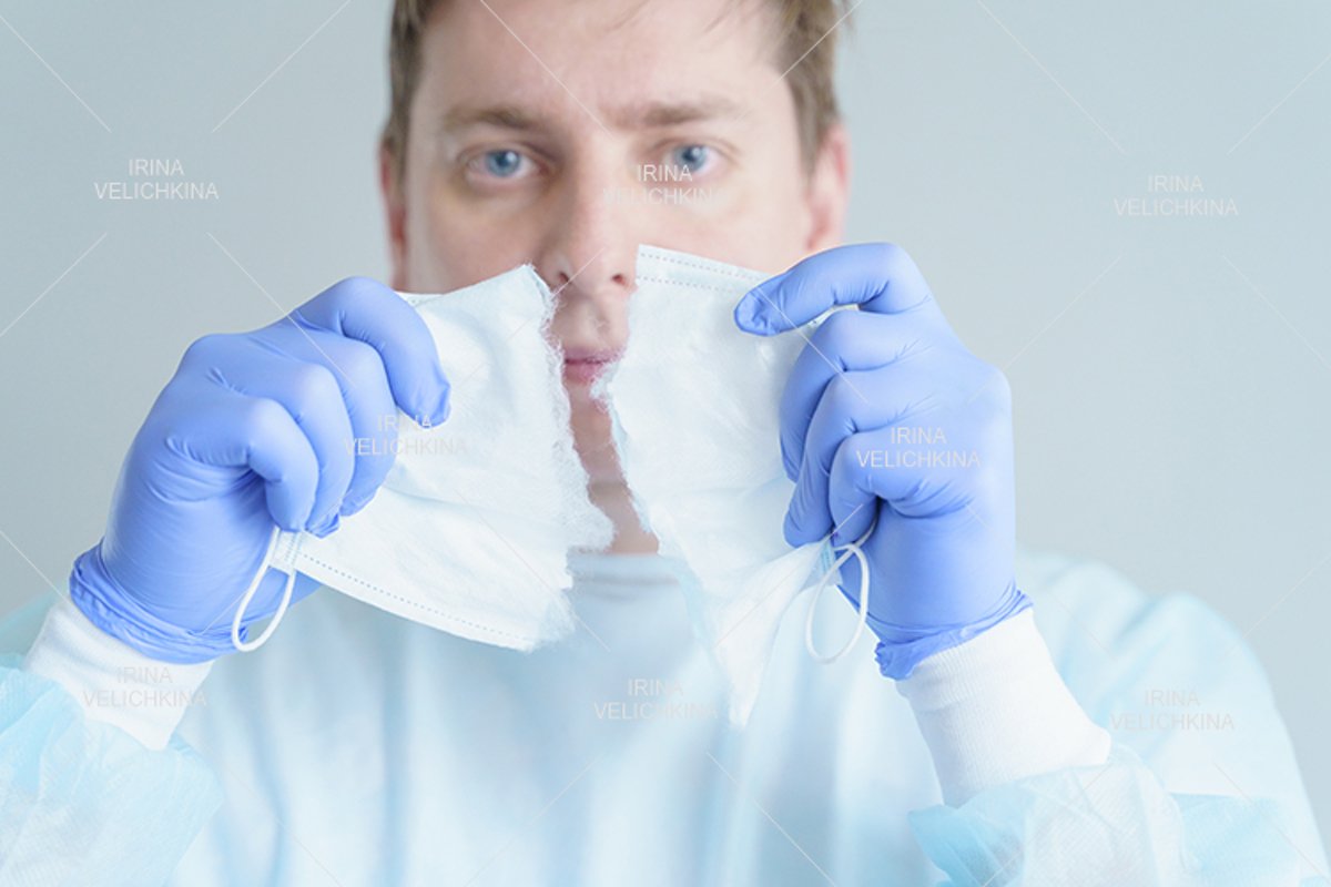 Doctor, patient in medical disposable hat, robe,tearing mask example image 1
