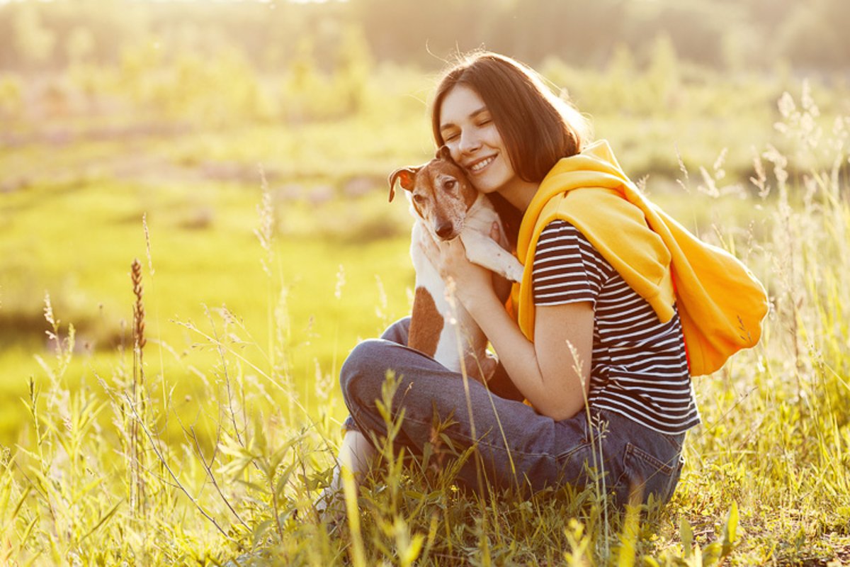Girl sitting on grass and hugs dog Jack Russell Terrier example image 1
