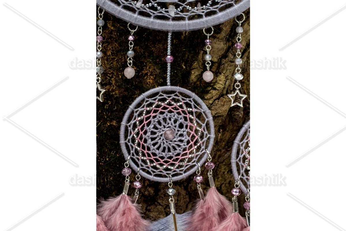 Dream catcher with feathers threads and beads rope hanging example image 1