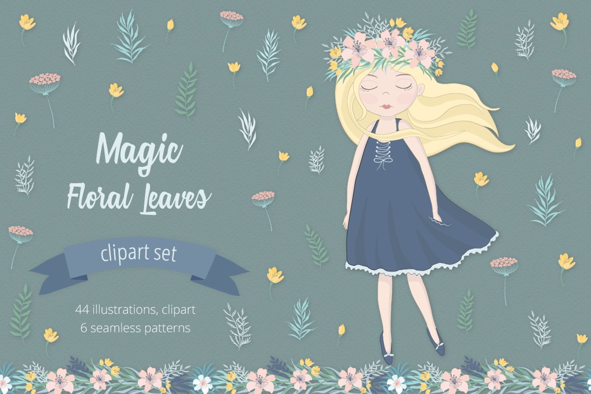 Magic Floral Leaves Illustration Set example image 1