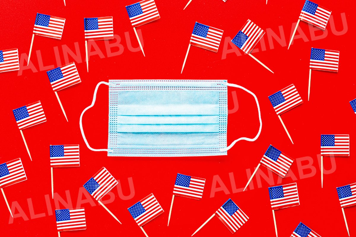 July 4th. USA flags and medical mask on red background example image 1