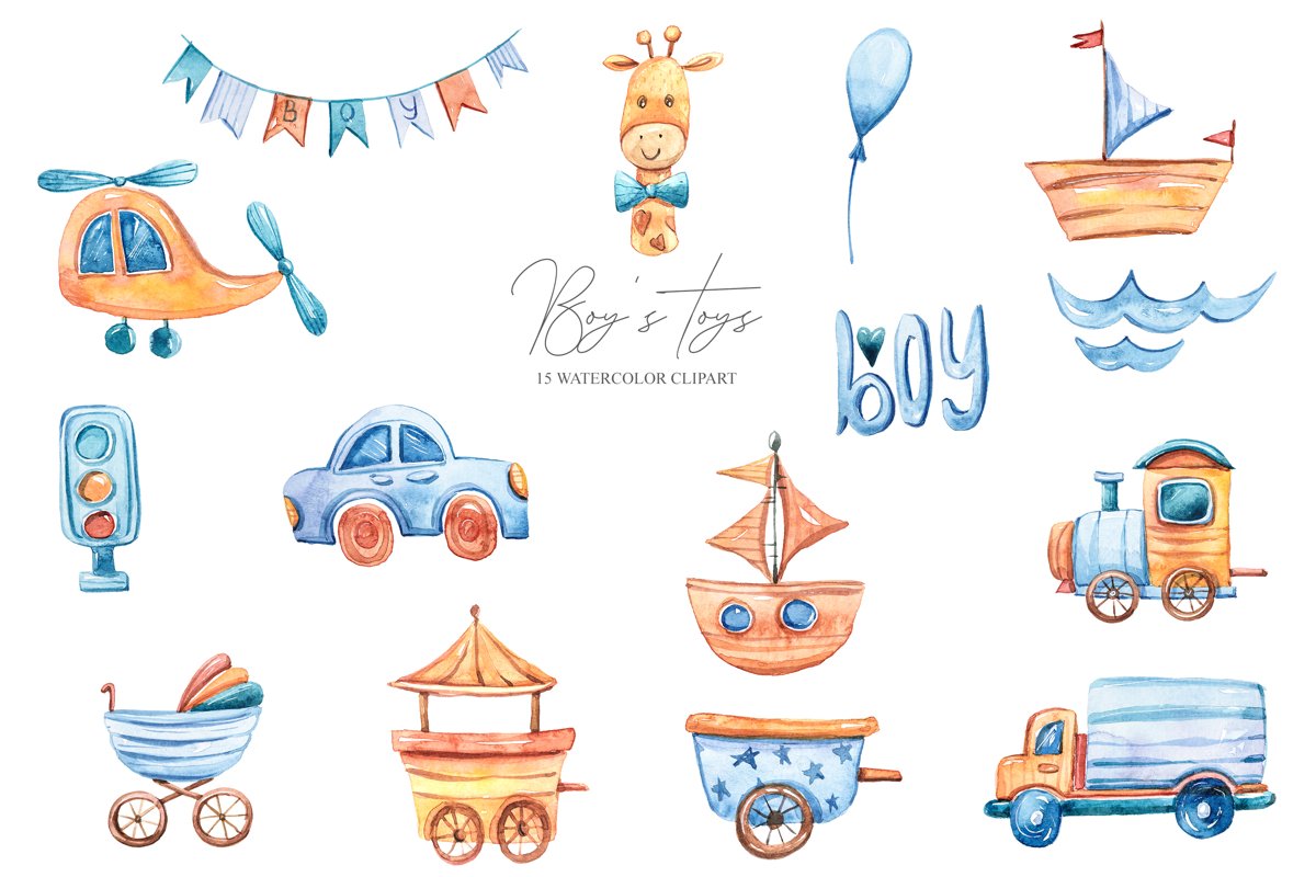 Watercolor cute boy's world. Toy transport clipart example image 1