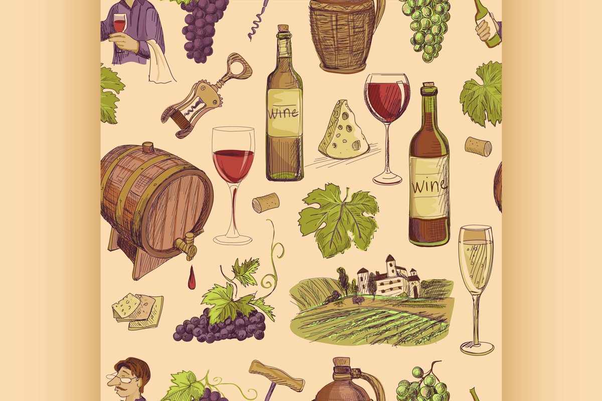 Wine vintage hand drawn sketch seamless pattern example image 1