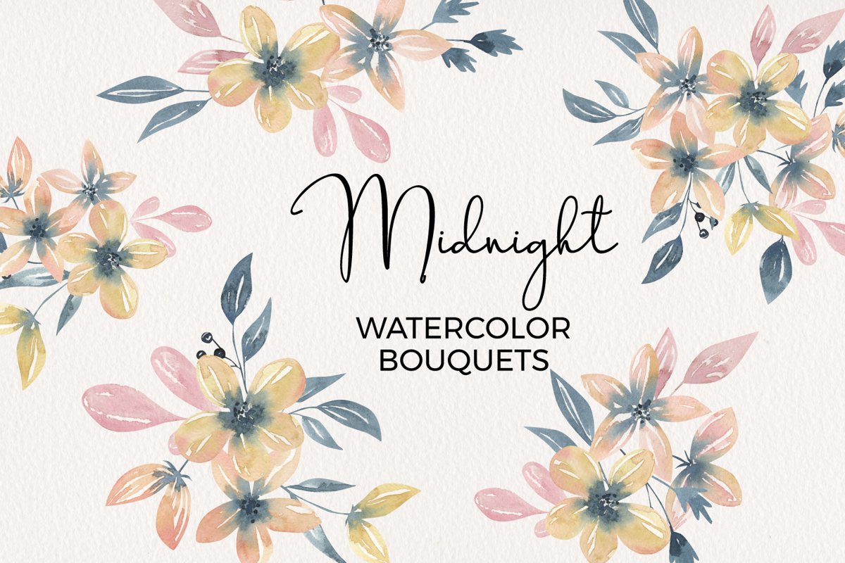 Florals 6 Watercolors Flowers Petals Bouquets Pink Navy