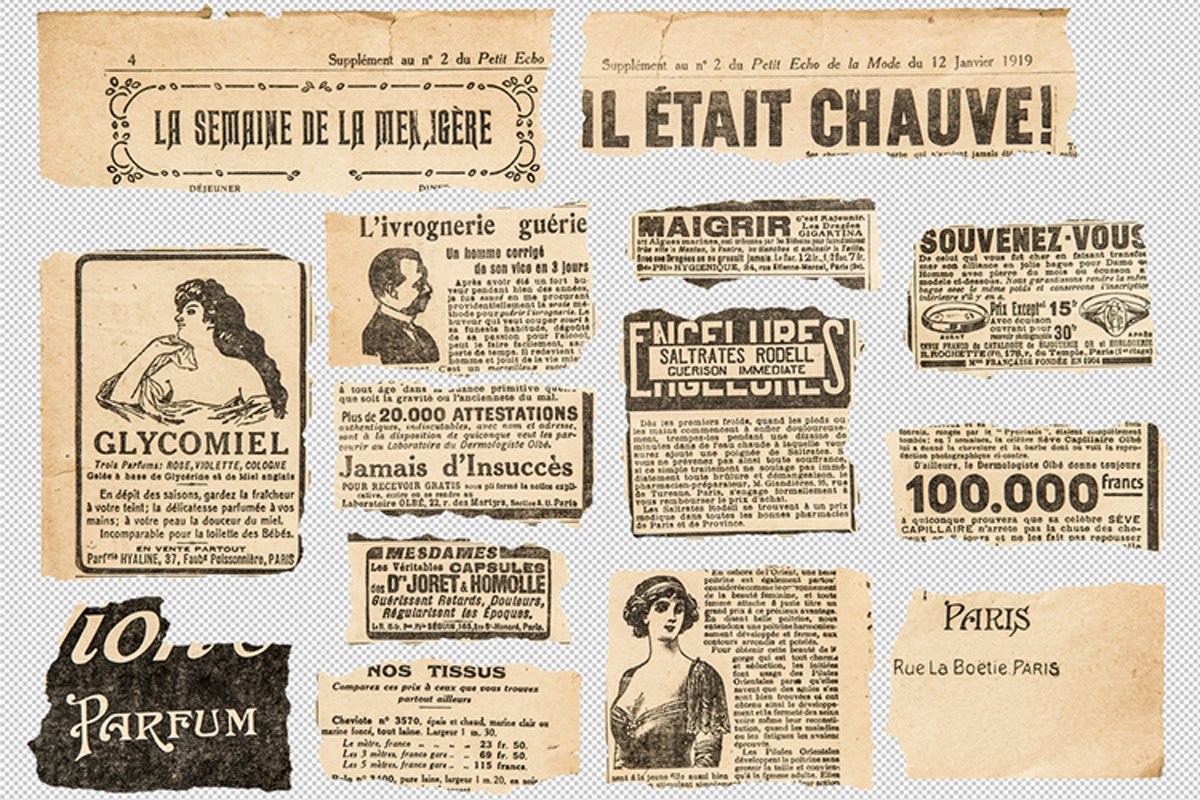 Newspaper pieces. French vintage magazine pages PSD example image 1