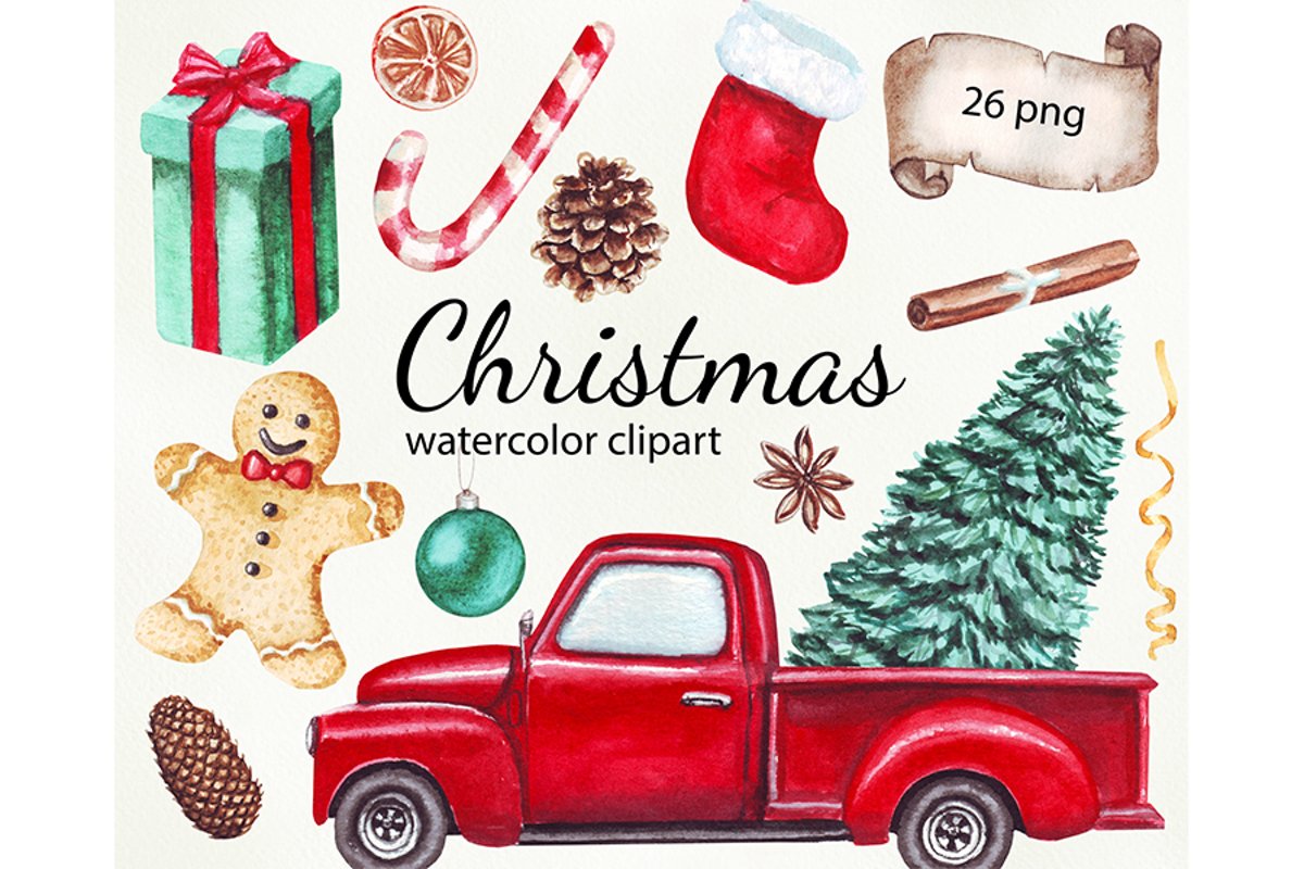 Watercolor Merry Christmas clipart png example image 1